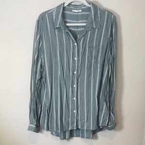 beachlunchlounge Green and White Striped Button-Down Shirt